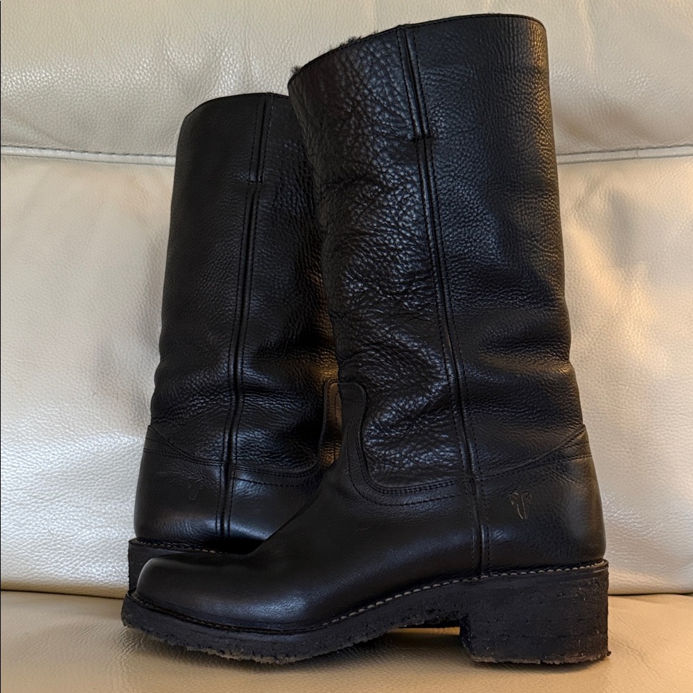 Frye Black Leather campus  Boots shearling lined sz 10